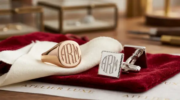 Bespoke Monogram Cufflinks and Signet Ring in Rose Gold and Sterling Silver