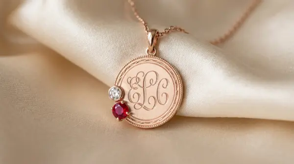 Personalized Initial Monogram Medallion Pendant in 18K Rose Gold with Solitaire Diamond and Ruby