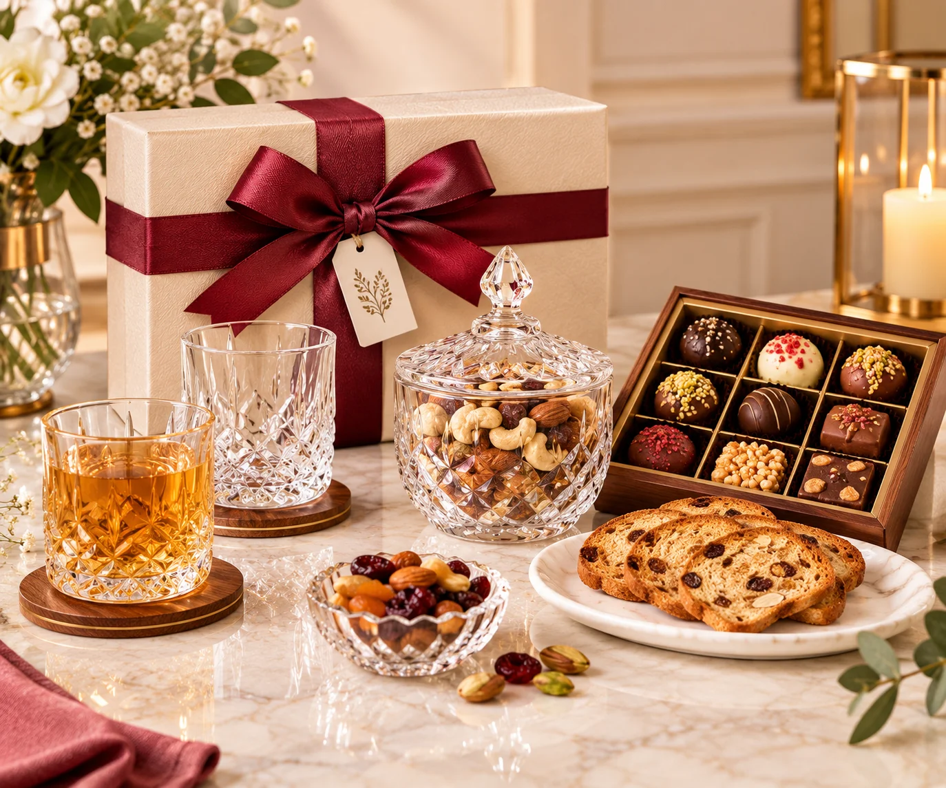 Crystal Toasting Flutes and Gourmet Confections Gift Ensemble