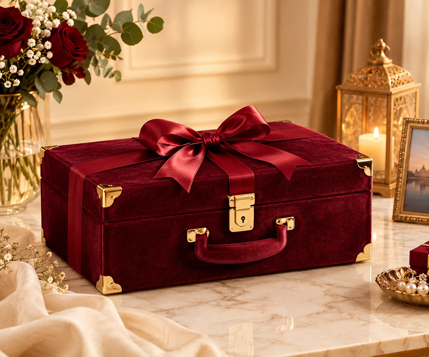 Royal Handcrafted Silk Velvet Keepsake Gift Trunk with Brass Accents
