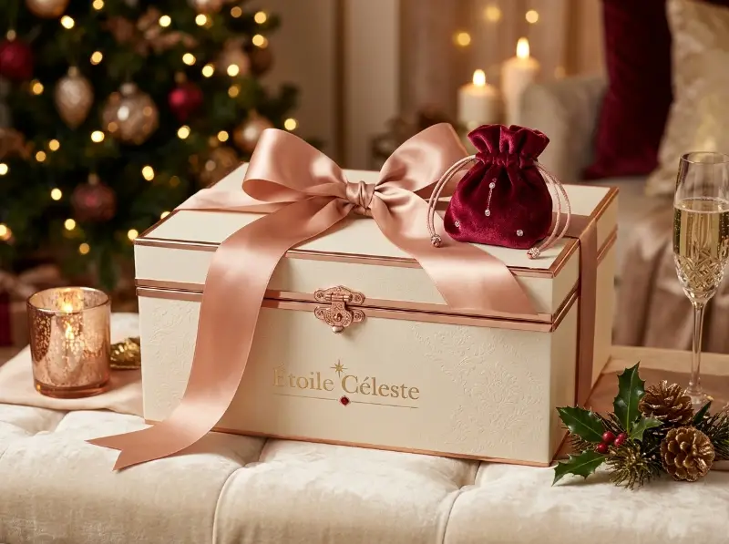Luxury bespoke gift box adorned with satin ribbon and ruby pouch