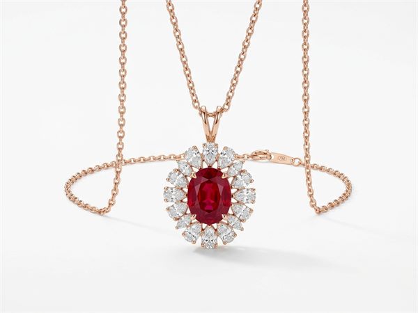 Imperial Ruby & Diamond Halo Pendant Necklace