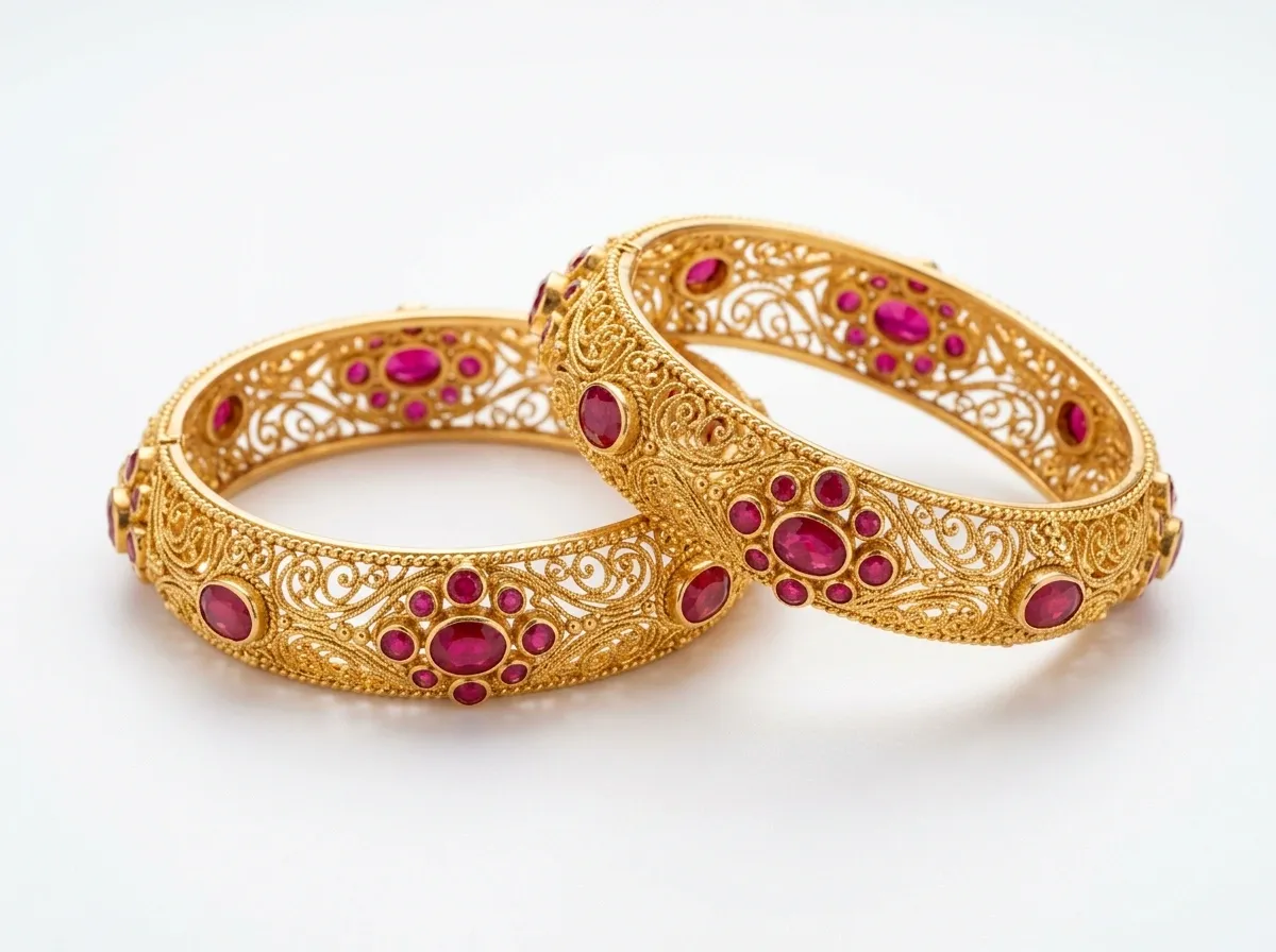 Anmol Solitaire Royal Ruby and 22K Gold Filigree Bangles